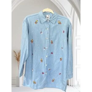 VTG Warner Bros 90s long sleeve denim button down‎ embroidered Tweety Christmas